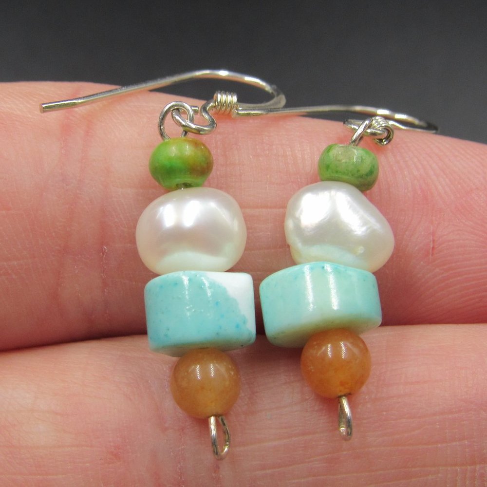 Sterling Silver Real Pearl & Odd Stone Earrings